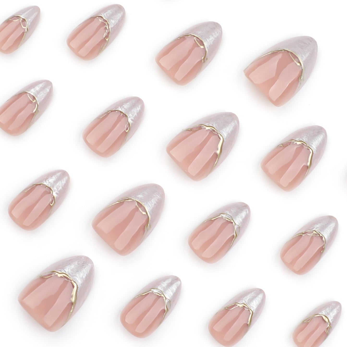 24Pcs Almond Press on Nails Medium White Smudge Fake Nails French Tip Acrylic False Nails with Gold 3D Stripe Designs Nude Pink Glue on Nails Reusable Fake Nails for Women