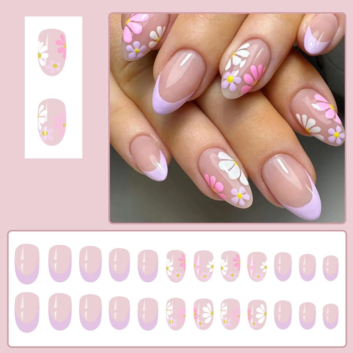 Short Press on Nails Almond Fake Nails with Colorful Flower Design Cute Stick on False Nails for Women Spring Manicure 24Pcs