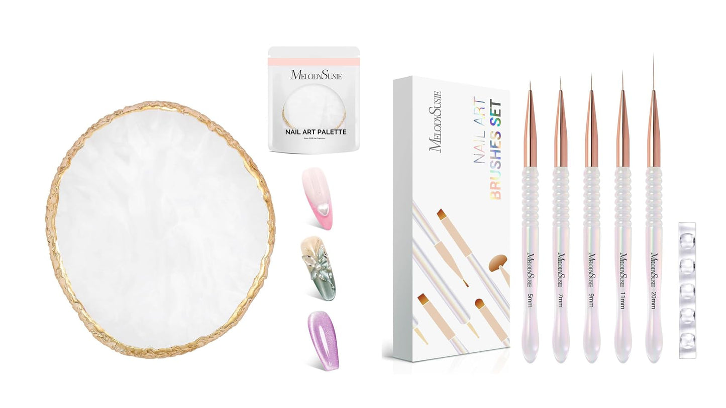 MelodySusie 1PC Round Shape Resin Nail Art Palette and 5Pcs Nail Art Liner Brushes with Nail Brush Holder