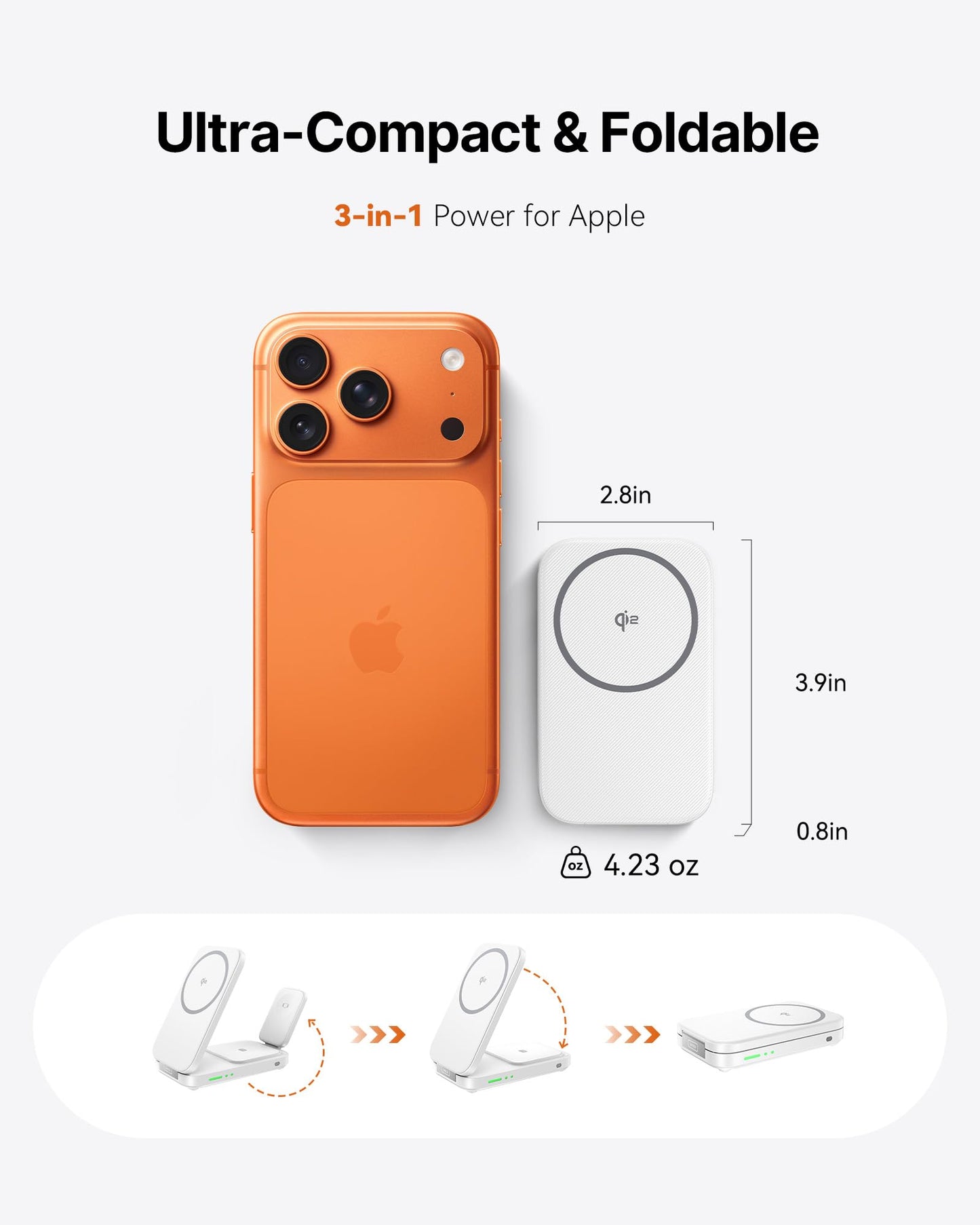 INIU Foldable Magnetic Wireless Charger, Qi2 Certified 3-in-1 Travel Charging Station with 15W Fast Charge - Compatible with Mag-Safe for iPhone 17/16/15 Series, Apple Watch, AirPods (White)