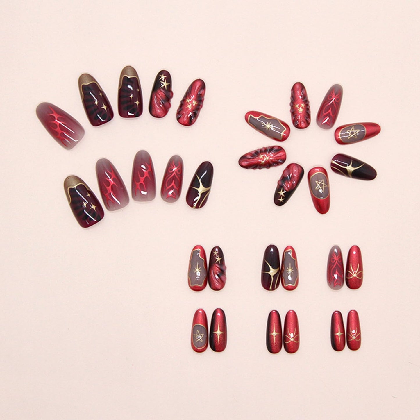 3D Handmade Press on Nails Gold Star Bow False Nails with Design Medium Almond Red Natural Glue on Nail Glossy Acrylic Stick on Nail for Women