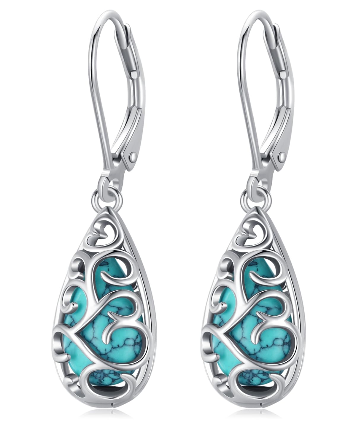 BDL Filigree Genuine Turquoise Teardrop Leverback Earrings Sterling Silver Dangle Drop Jewelry for Women