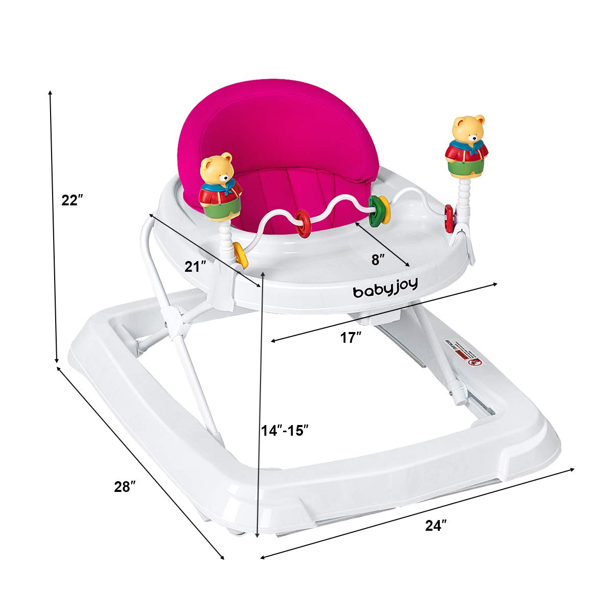 BABY JOY Baby Walker, Foldable Activity Walker with Adjustable Height, Large Tray & Removable Toys, Baby Walker with Wheels for Boys Girls 6-18 Months (Pink)