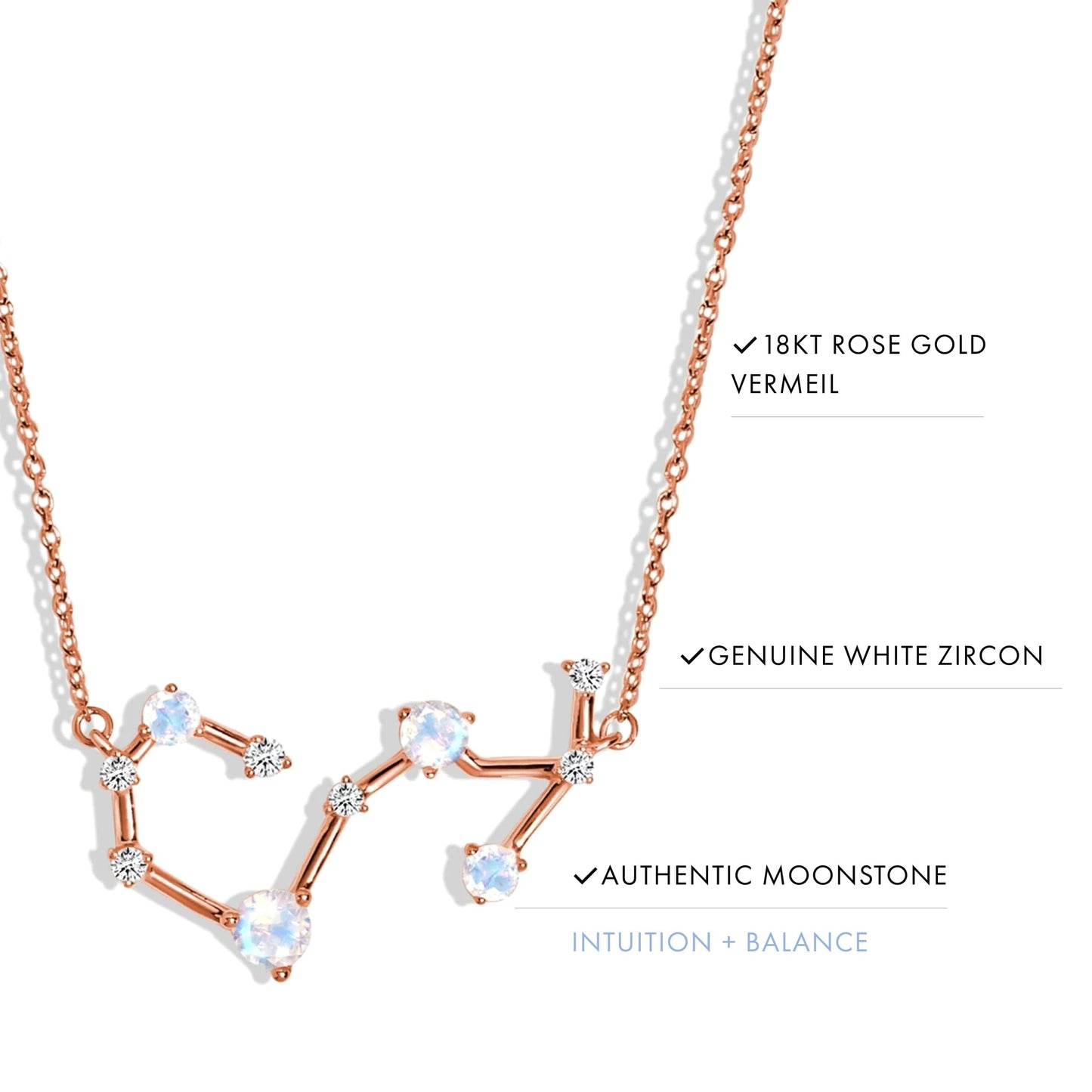 Moon Magic Moonstone Necklace - Scorpio Zodiac Constellation / 925 Sterling Silver - 18k Rose Gold - Yellow Gold Rainbow Moonstone Necklaces for Women/Authentic Rainbow Crystal Jewelry