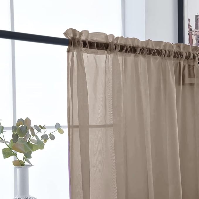 SpaceDresser Basic Rod Pocket Sheer Voile Window Curtain Panels Taupe 1 Pair 2 Panels 52 Width 84 Inch Long for Kitchen Bedroom Children Living Room Yard（Taupe, 52W x 84L）