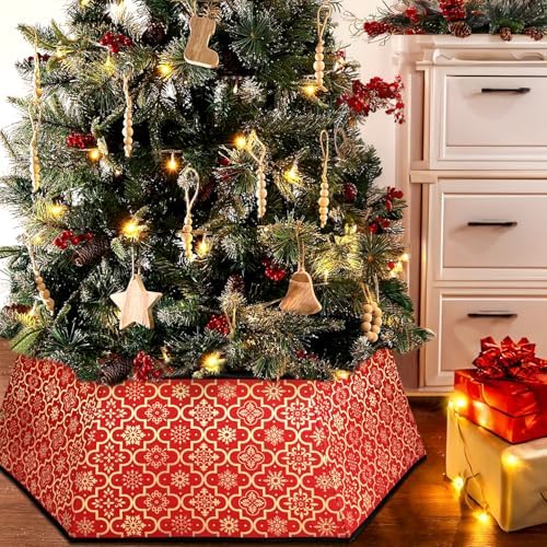 Christmas Tree Collar, Red Christmas Tree Collar, Gold Snowflake Christmas Trees Skirt, Square Christmas Trees Ring, Foldable Hexagon Xmas Tree Skirt, Snowflake Decor for Holiday Party Home, 31 inch