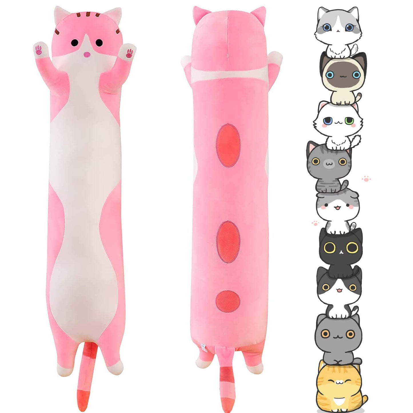 Handytoolinc Soft Cat Plush Pillow Long Stuffed Animals Sleeping Pillow Cotton Kitten Pillow Cute Long Body Pillow Gift for Kids Girlfriend (35.4inch/90cm,Pink)