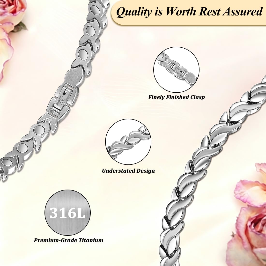 Vicmag Magnetic Bracelet for Women, Titanium Steel Bracelet with Ultra Strength Magnets, Waterproof & Adjustable, Jewelry Gift with Sizing Tool(Silver Fishtail)