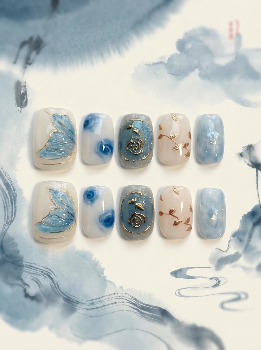 Blue Enchantress - Handmade Short Coffin Press on Nails Blue Fake Nails with Butterfly & Floral Design 10Pcs Size M Complete Kit Press Ons - Eli Miré