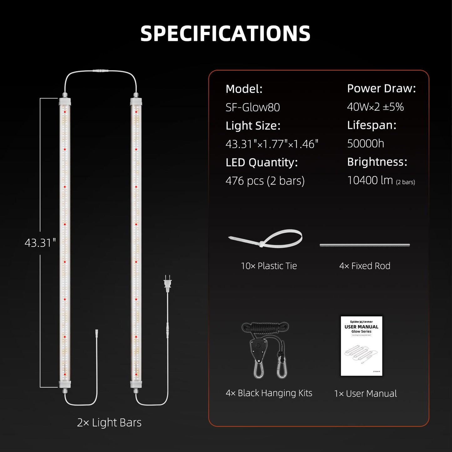 Spider Farmer Glow80 LED Grow Lights, 3.6ft Sunlike Full Spectrum Waterproof Plant Growing Lamp Linkable for Indoor Plant Shelves Seedling Veg Flower Hydroponic Greenhouse