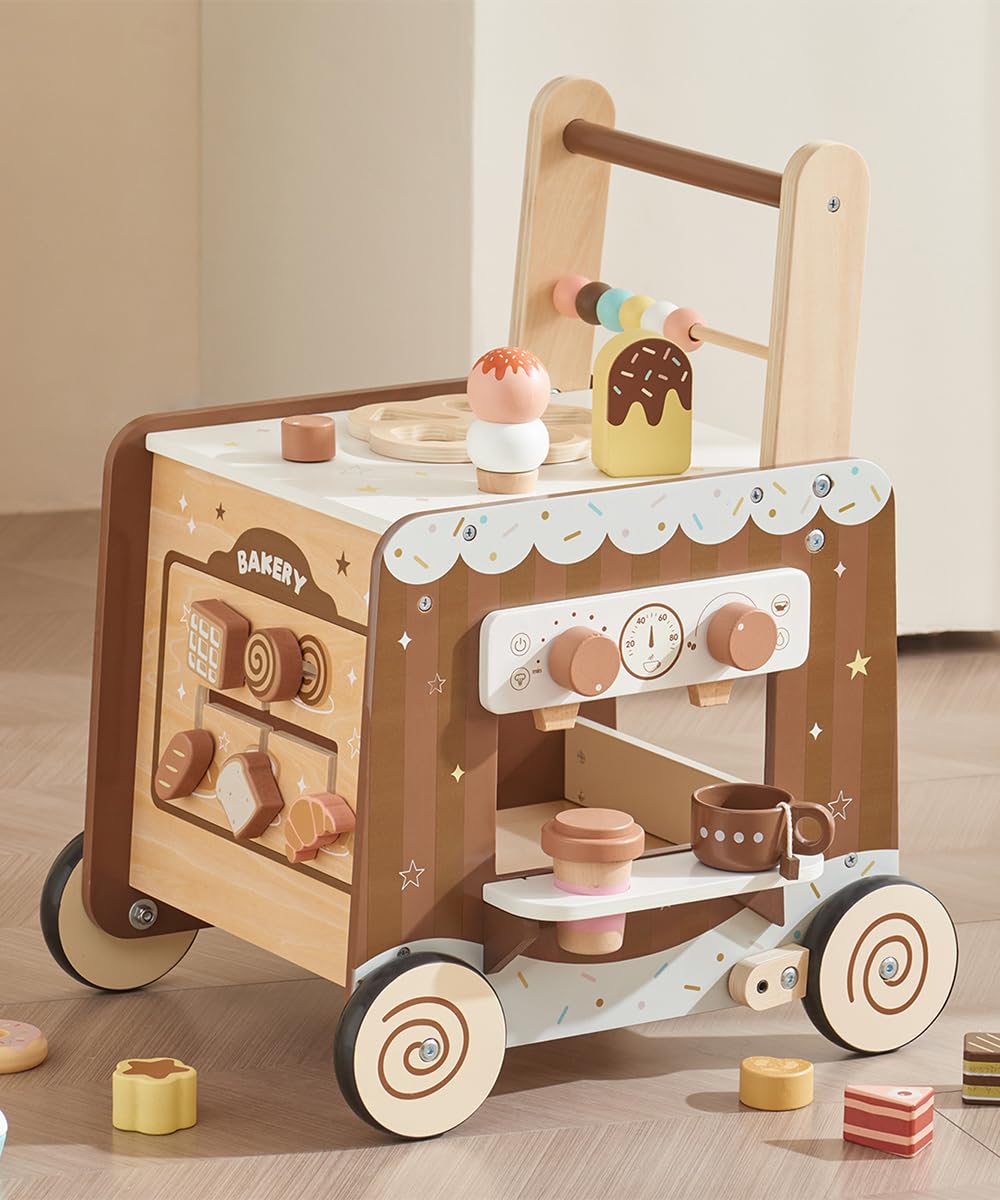 Wooden Baby Walker Push Walker with Adjustable Speed, Montessori Bakery Toy Walker with Coffee Machine & Play Food for 1 Year Old, First Birthday Gift