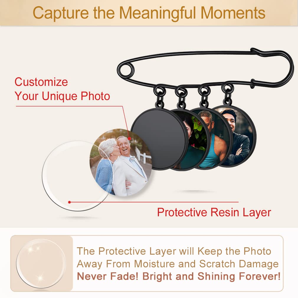 Custom4U Wedding Bouquet Charms Memorial Engraved with 4 Pictures Round Shaped Memory Photo Charm for Bride Groom Mother Father