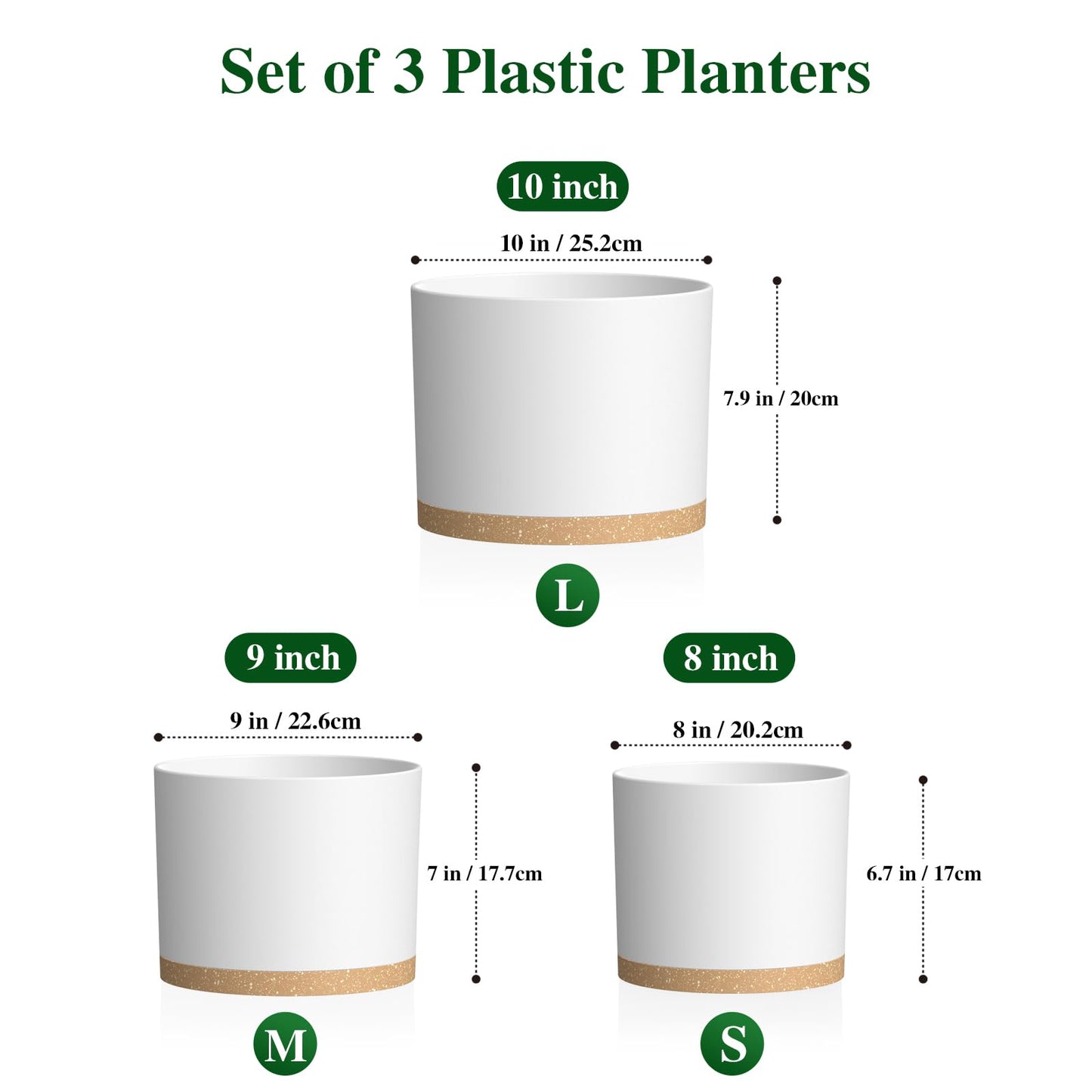 KUGAZ Plant Pots, 10/9/8 Inch 3 Pack Cylindrical Flower Pots with Drainage Holes and Saucers, Plastic Planters for Outdoor Indoor Plants,White Brown