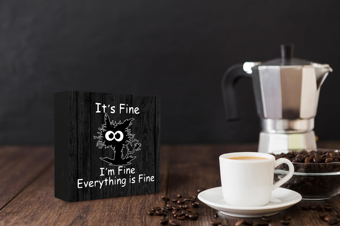 Mtrgdn Cat Office Decor Wooden Box Sign - It's Fine Everyone is Fine Frazzled Wood Desk Decorations for Home, Burlywood