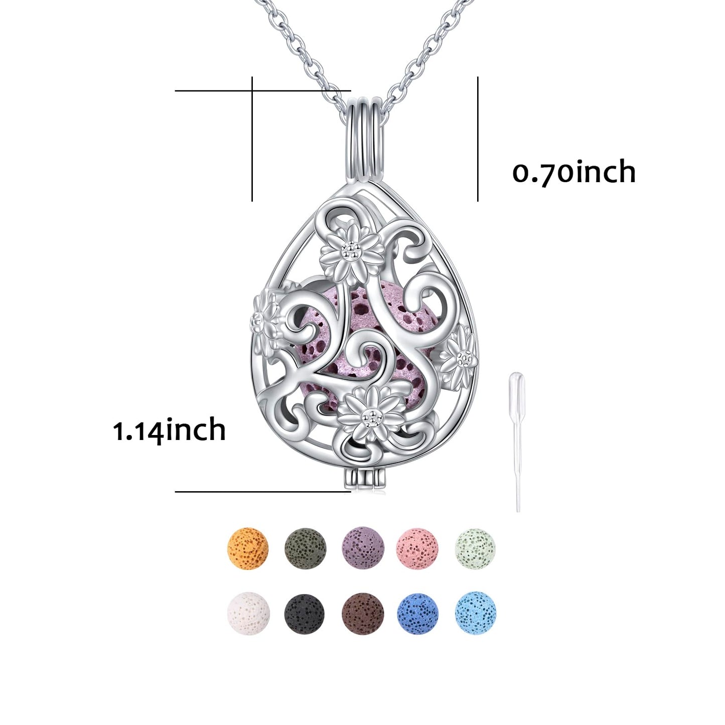 DAOCHONG S925 Sterling Silver Aromatherapy Essential Oil Diffuser Necklace Teardrop Flower Locket Perfume Pendant Necklace Jewelry 18+2 inches Adjustable Chain with 10 PCS Stones
