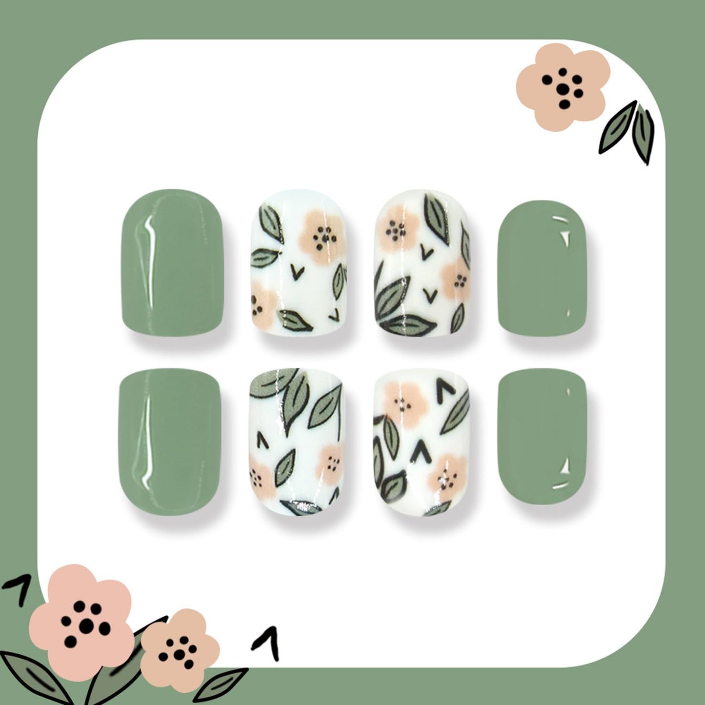 Square Press On Nails Short Fake Nails Flower With Leaf Design Green False Nails Acrylic Full Cover Artificial Glue On Nail Glossy Reusable Cute Stick On Nails For Women Manicure Art 24pcs