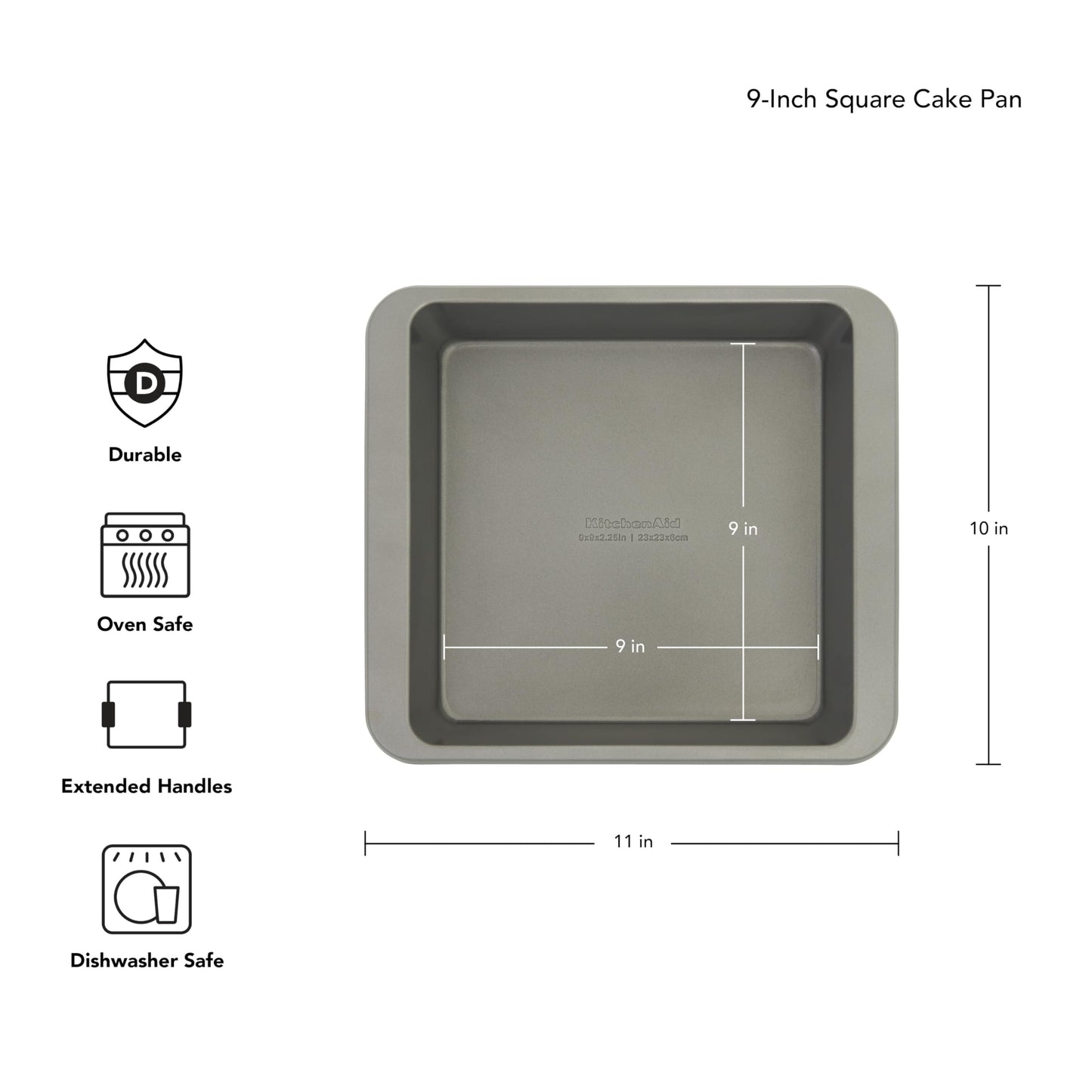 KitchenAid Nonstick Swiss Engineered Aluminized Steel Square Cake Pan, Dishwasher Safe, Contour Silver, 9 Inch