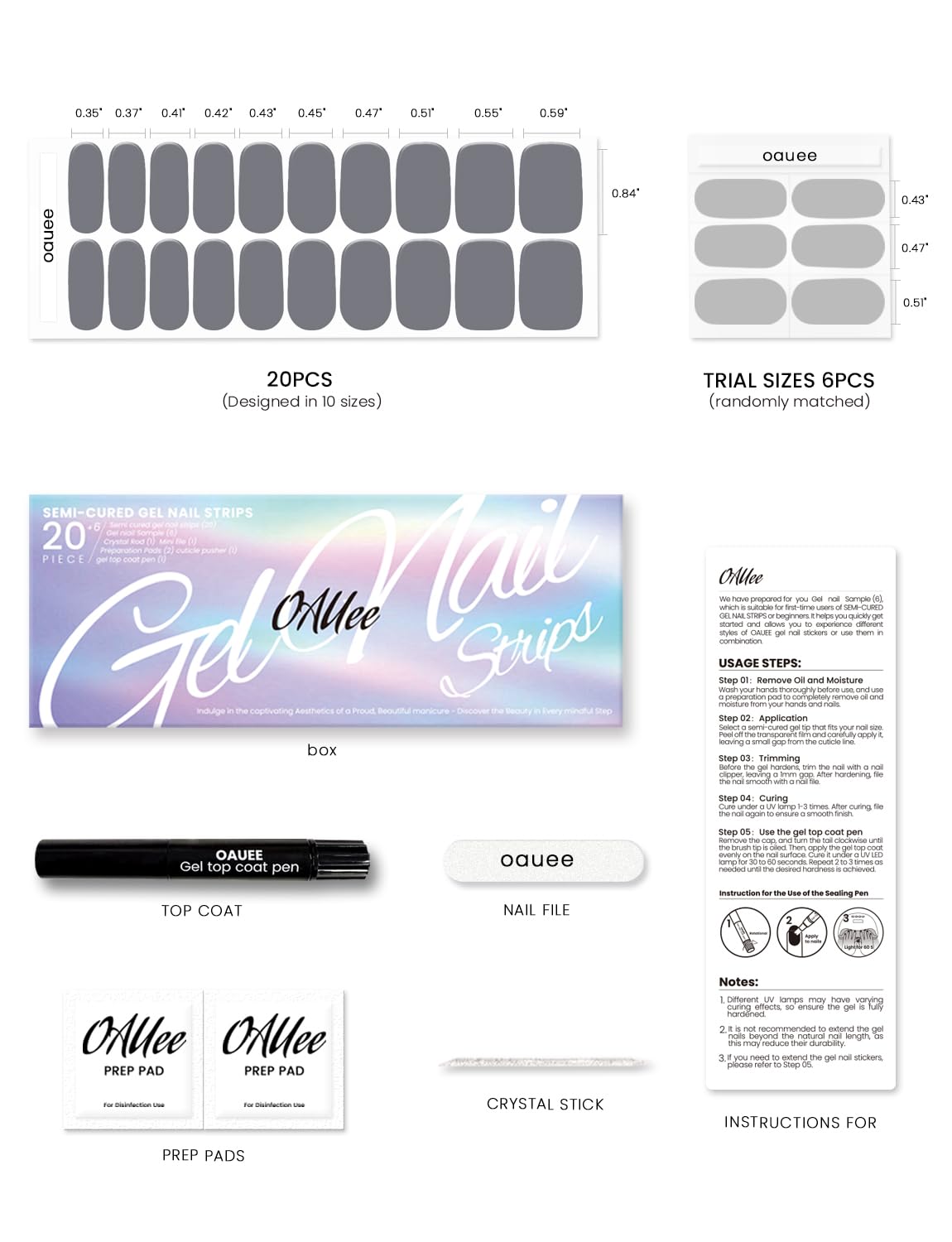 Oauee Semi Cured Gel Nail Strips | Built-In Gel Top Coat | UV Light Required | Salon Quality, Easy Application And Removal (Twilight Grey）
