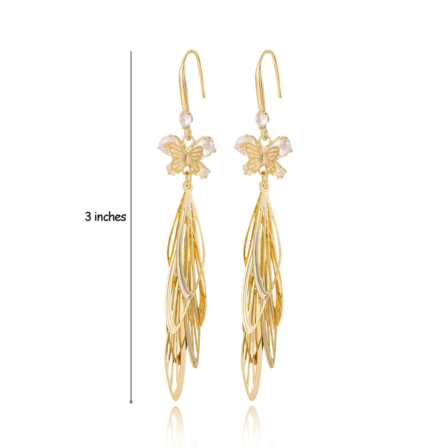 WASAIE Long Butterfly Dragonfly wings Layered Dangle Earrings, Elegant 14K Gold Plated Brass Rhinestone Cubic Zirconia Dangling Hook Earrings for Prom Party