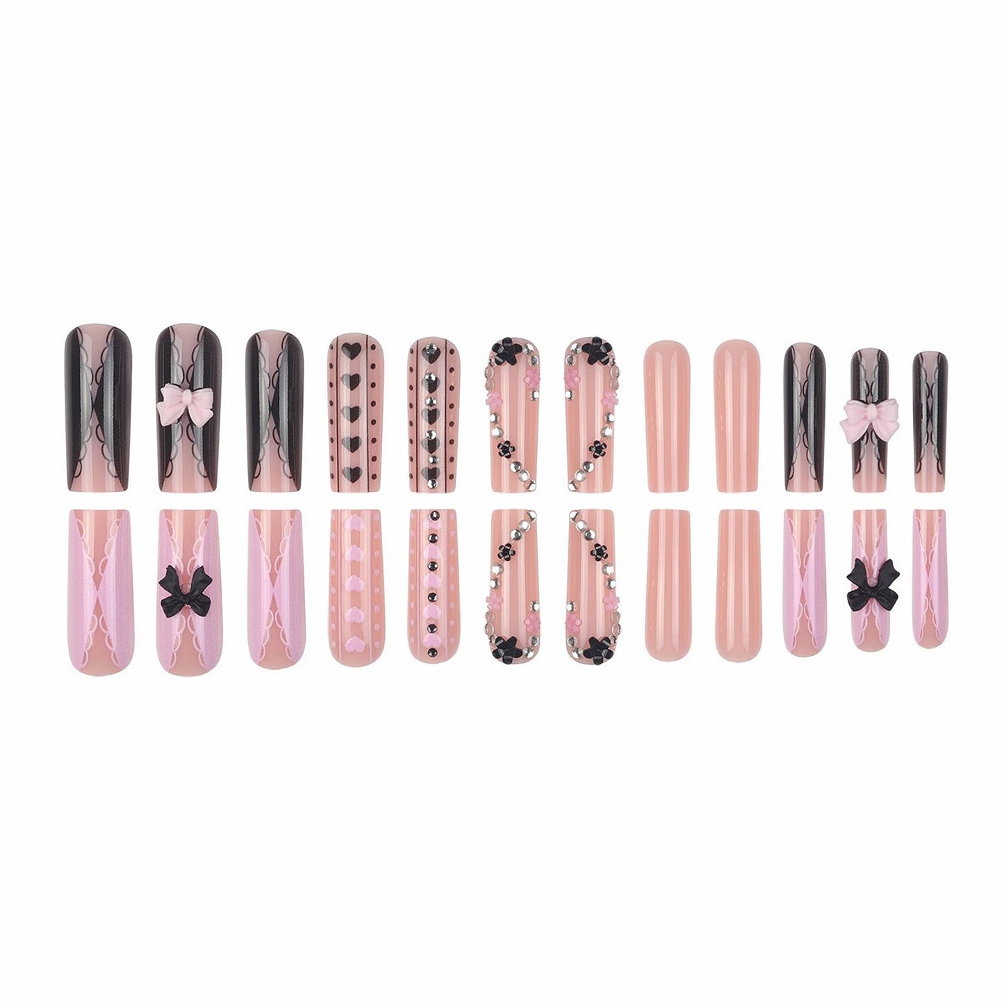 MISUD Press on Nails - Long Square Glue on Nails with Y2K Pink Black, Acrylic Rhinestone Bow Design 24 pcs