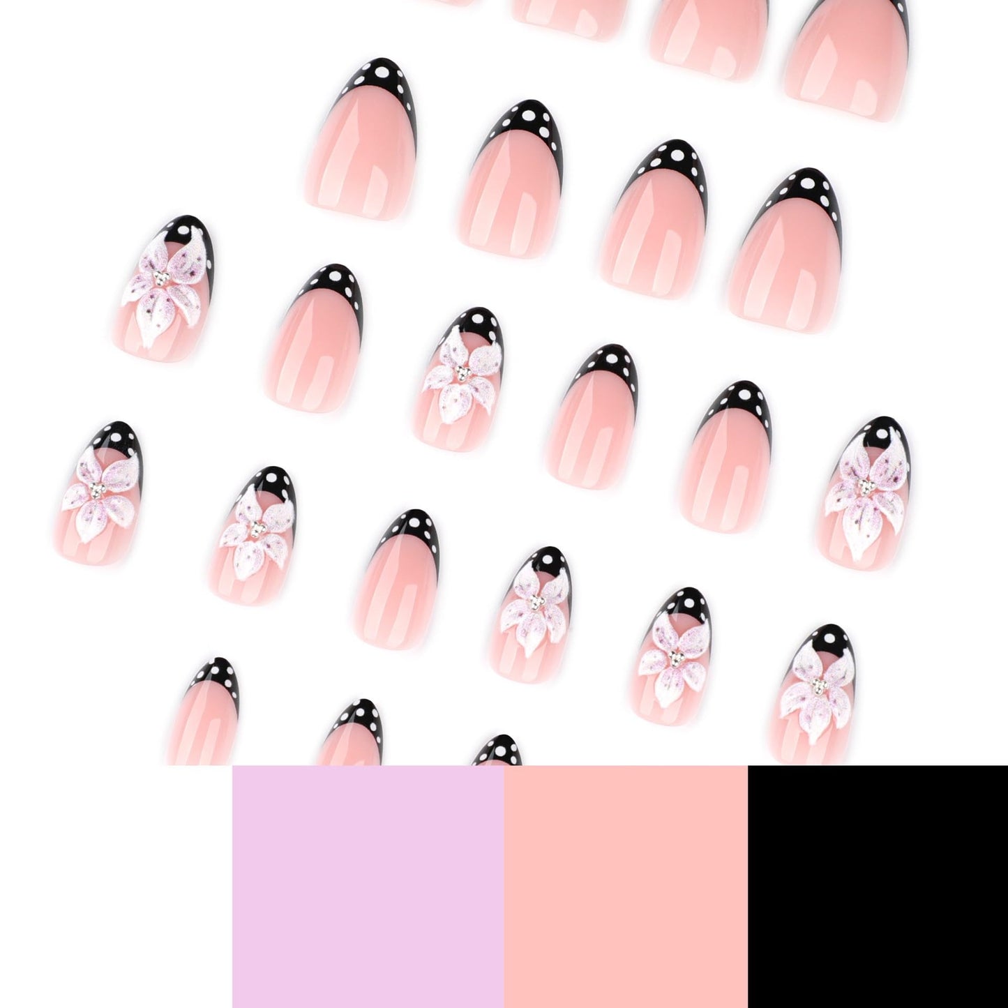 CTTHNBD Short Press on Nails Almond - Black French Tip Fake Nails with Flower Design - Spot Stick on False Nails - for Women 24 Pcs