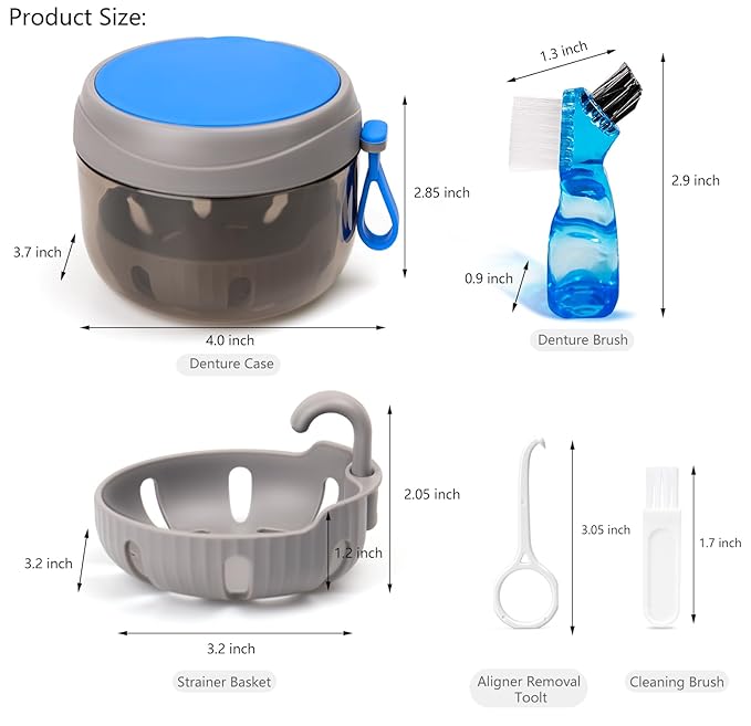 Denture Case, Leak Proof Denture Bath Cup for Travel, Grey Denture Container Cups for Soaking Full & Partial Dentures, Retainers, Mouth Guard with Denture Cleaner Brush, Aligner Removal Tool