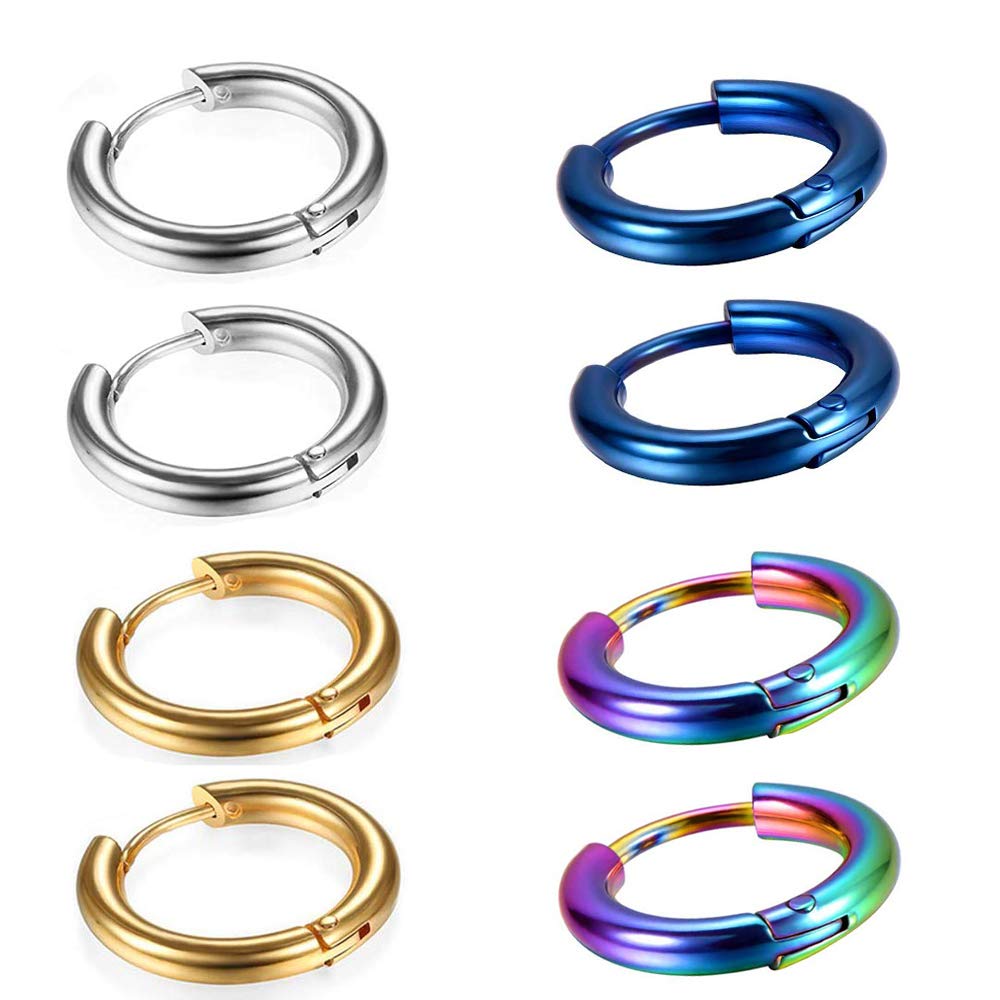 316L Surgical Stainless Steel Huggie Hoop Earrings 8mm Hypoallergenic Earrings Hoop Cartilage Helix Lobes Hinged Sleeper Earrings For Men Women(Gold+Silver+Blue+Rainbow(8Pcs))
