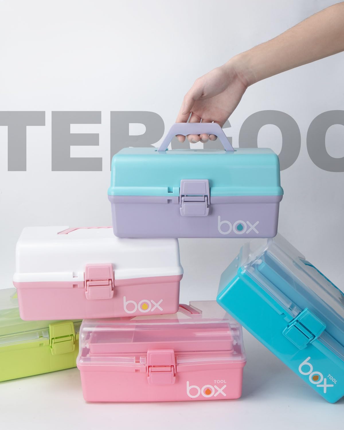 TERGOO 12in 3-Layer Plastic Craft Organizers and Storage, Portable Folding Tackle Box with Handle & Adjustable Dividers, Multipurpose Case for Sewing, Art Supplies, Medicine, Tools (White Pink)