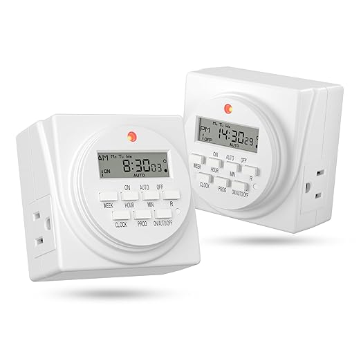 BN-LINK Indoor Digital Timer Outlet, Dual Outlet 7 Day Programmable Light Switch, 3 Prong Plug in Timers for Electrical Outlets, Lamps, Fans, 8 On/Off Programs, 2 Pack, 15A/1875W, ETL Listed