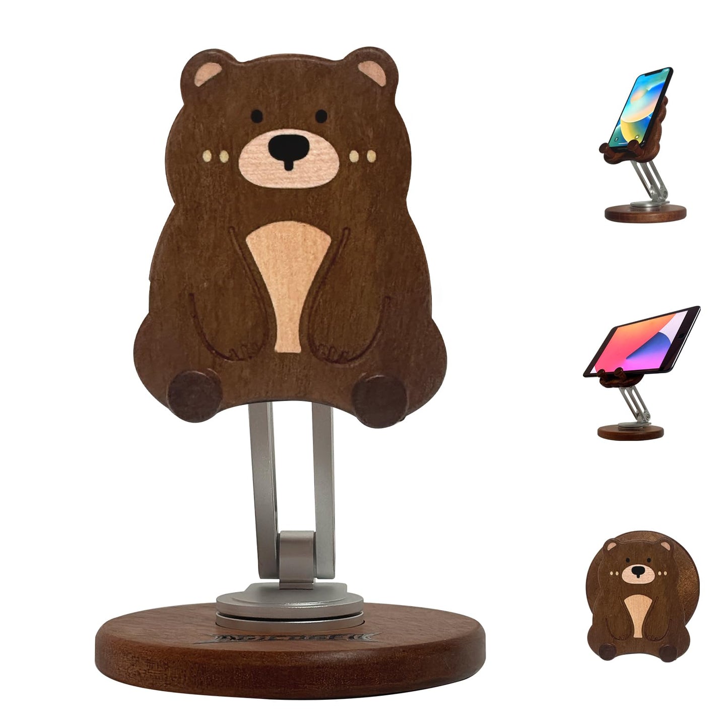 Agicogeo Hand-Inlaid Solid Wood Phone Stand for iPhone 16/Tablets - 360° Rotating Desk Organizer Holder with Artisan Carvings & Adjustable, Heavy Base Home Office Decor, Gift-Ready (Bear Cub)