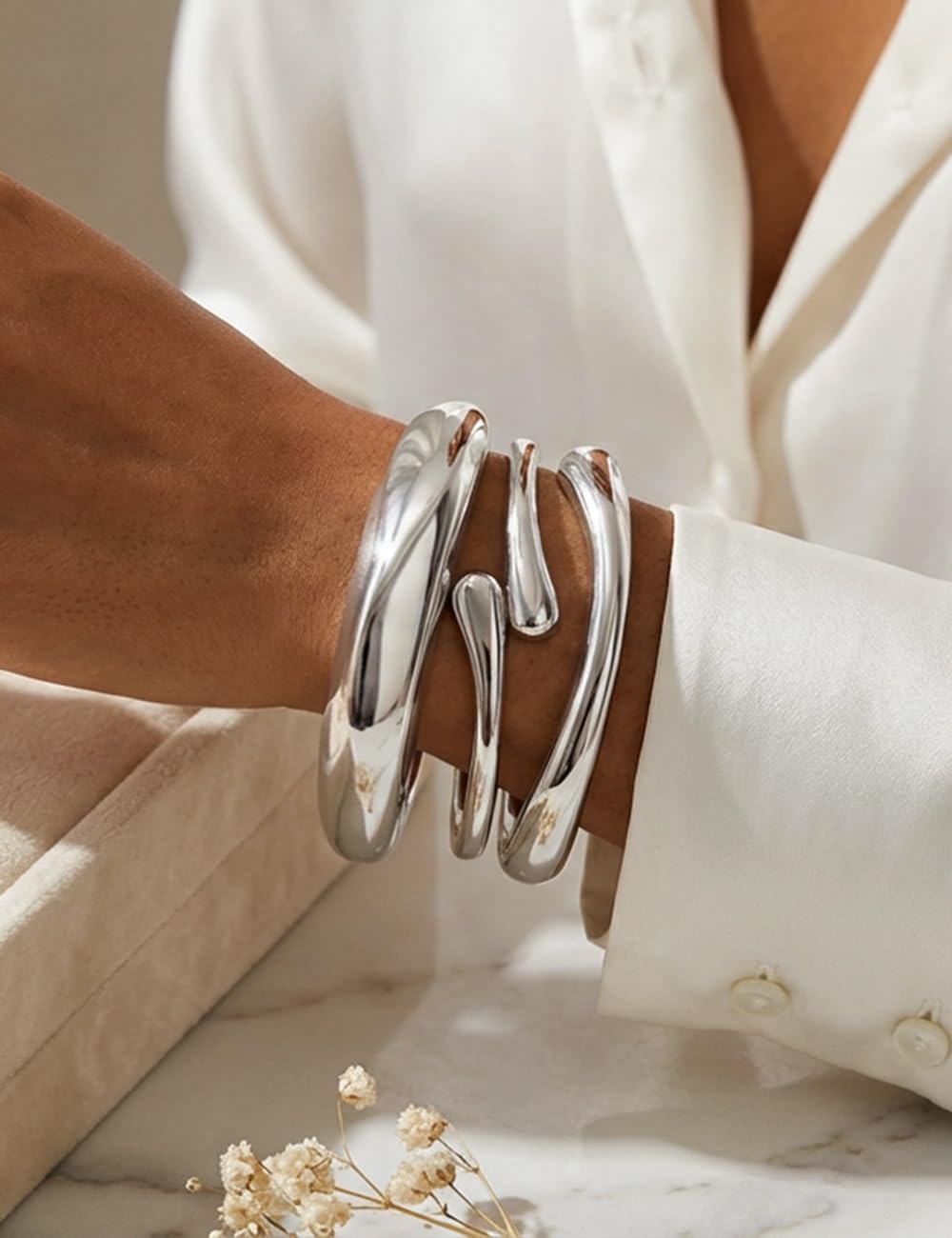 Chunky Silver Bangle Bracelets for Women, Dainty 14k Silver Plated Big Statement Bangles Set, Trendy Cuff Bracelet Stack Fashion Gift Ideas