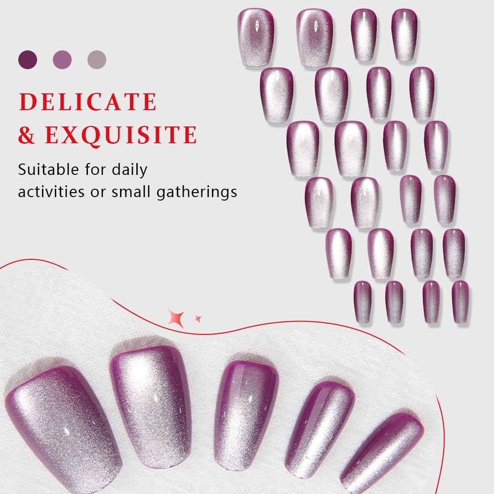 evpct Purple Cat Eye Coffin Press on Nails Medium Square No Glue, Medium Square Stick on Nails for Women Gift, Lavender Purple Metallic Glitter Glossy Reusable Summer Press on Fake Nail with Designs