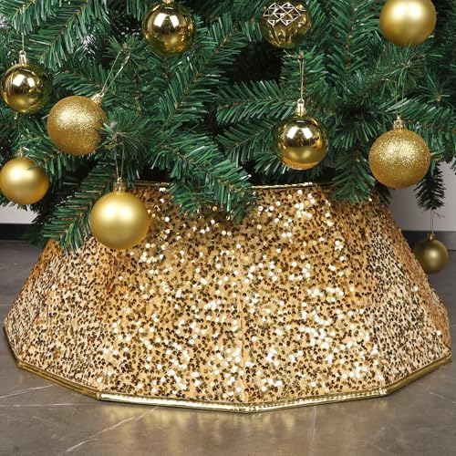 Blissun Christmas Tree Collar, Sequin Christmas Tree Skirt, Foldable Tree Ring, Xmas Tree Stand Base Cover for Christmas Tree Decoration, Bright Gold