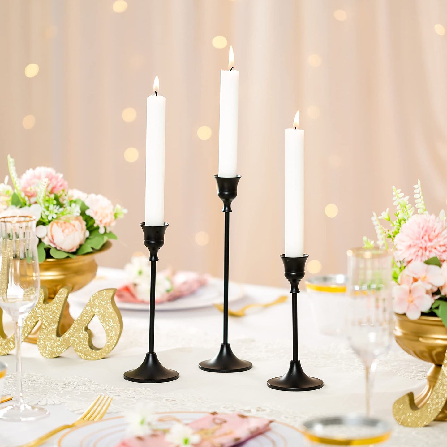 Nuptio Black Candle Holder Candlestick Holders Candle Sticks Holder Tapered Candle Holder Gothic Taper Candle Holders for Halloween Christmas Party Mantel Dinner Home Decoration 2 Sets(6 Pcs)
