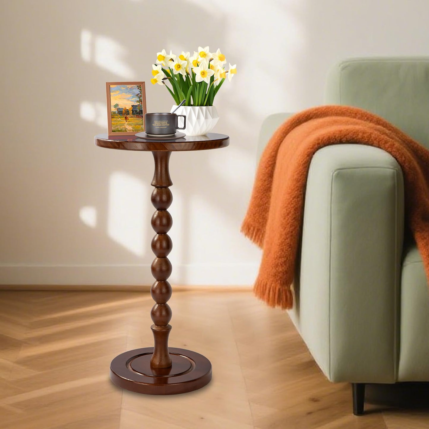 Lampaggio Round Side Table for Small Spaces, Drink Table with Oak Wood Pedestal, Modern End Table Nightstand for Living Room, Bedroom, Office, and Corners, Tool-Free Assembly, Brown