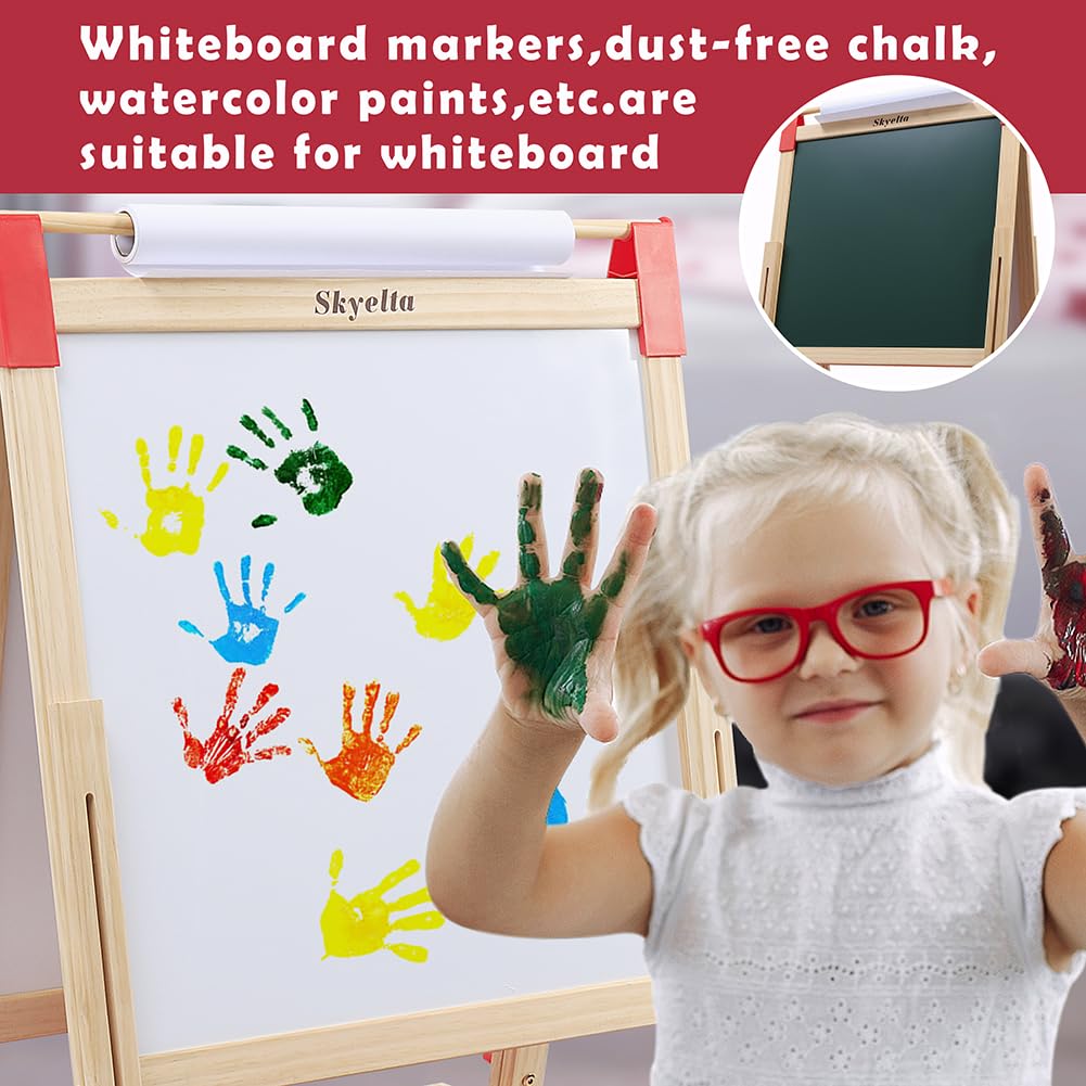 Skyelta Art Easel for Kid,Double-Sided Kids Art Easel with Magnetic Chalkboard & Whiteboard,Adjustable Height for Ages 4-12,Wooden Drawing Board with 100+ Accessories,Art Supplies & Gift