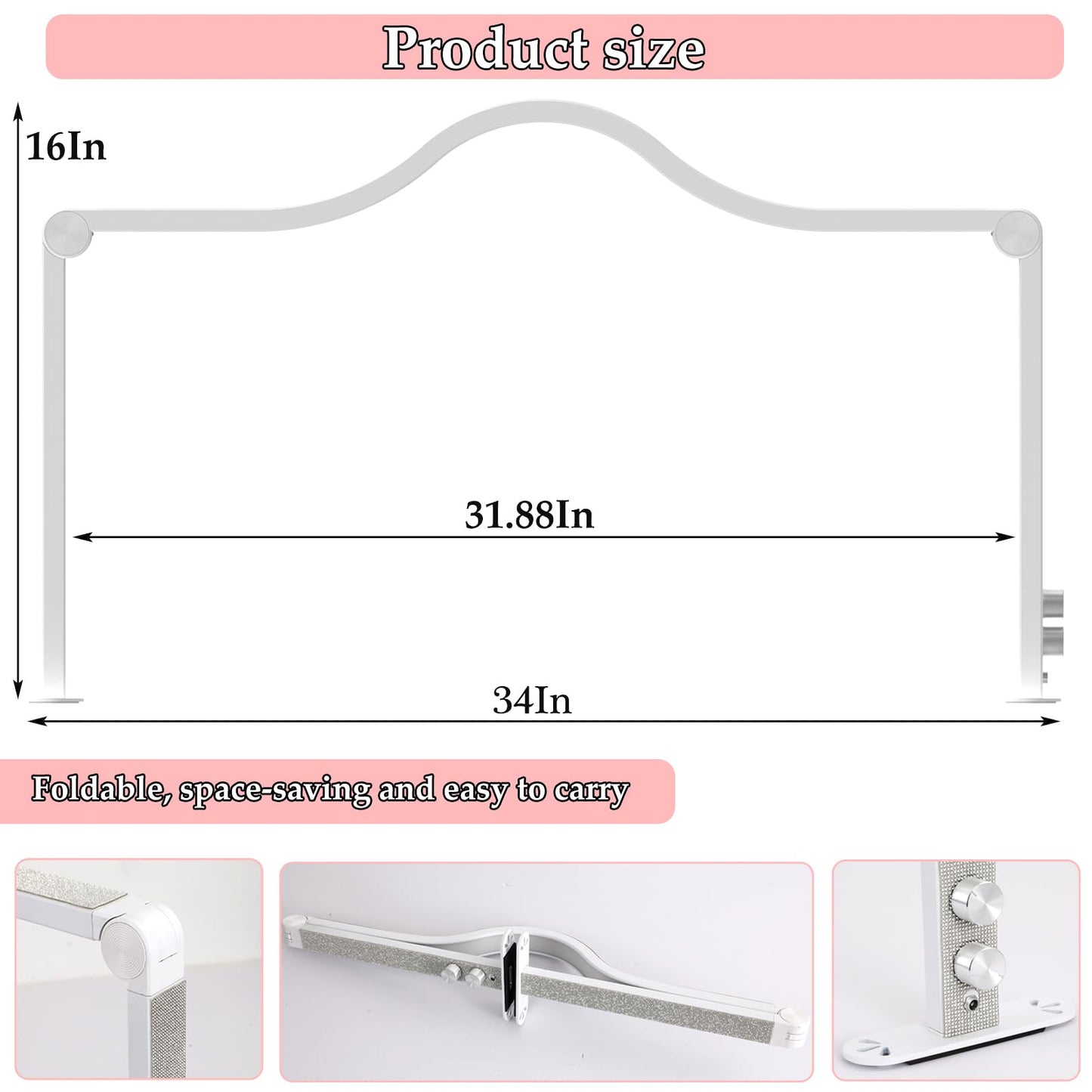 XCCFFSH Half Moon Light for Nail Desk, 34In Foldable Square Nail Tech Lamp with Phone Holder, Brightness Adjustable LED Nail Light, for Lash Eyelash Extension, Tattoo, Eyebrows, Crafts, White