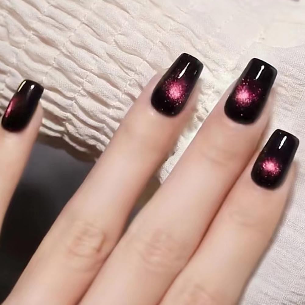 WAFOLOZE Press On Nails Medium Coffin Fake Nails With Glue, Black Cat's Eye Nail Press Ons With Pink Starry Sky Design，Artificial False Nails Stick On Nails for Women-30Pcs