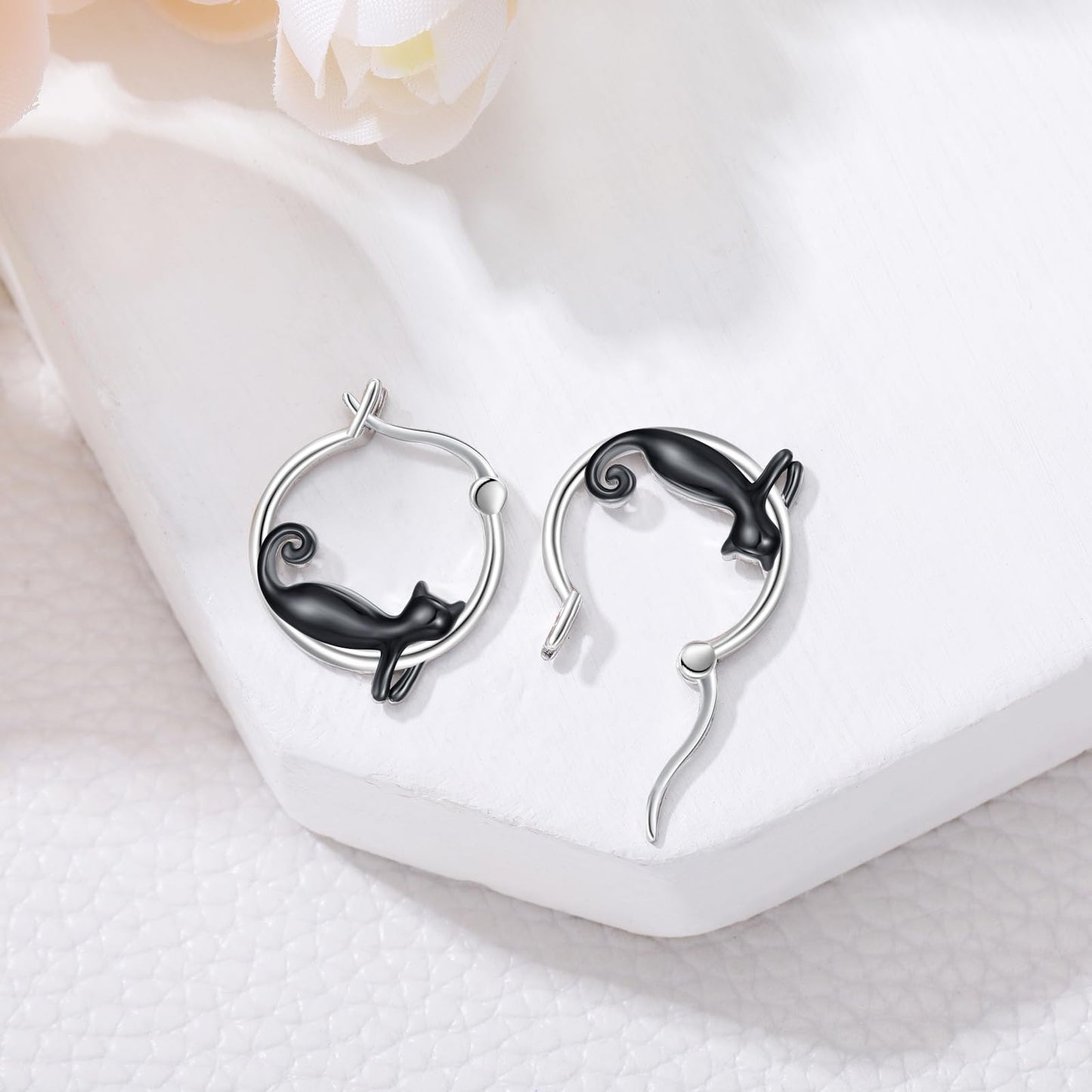 JUSTKIDSTOY Black Cat Earrings for Women 925 Sterling Silver 17mm Cute Hoop Earrings Halloween Jewelry Graduation Gifts for Daughter Her Cat Lovers