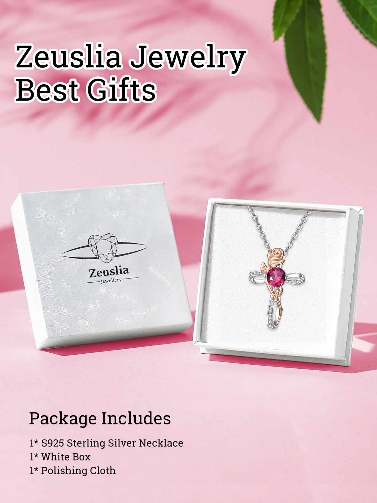 Zeuslia Cross Necklace for Women Sterling Silver Cross Pendant Jewelry with Rose Ruby July Birthstone Necklace Christian Religious Baptism First Communion Confirmation Birthday Gifts for Women