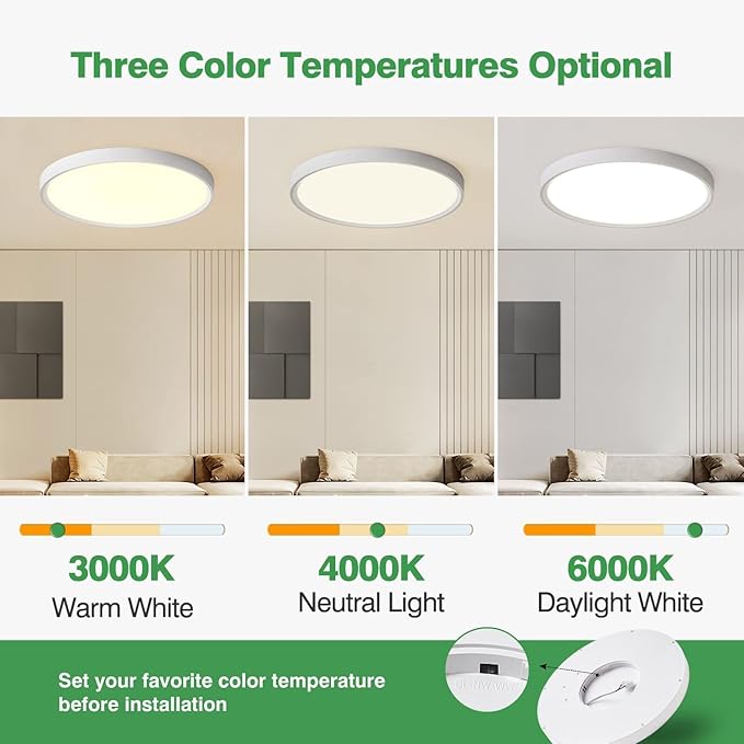 2PK 15.8 Inch LED Flush Mount Ceiling Light, 32W, 3480LM, 3000K/4000K/6000K CCT Selectable, Round Flat Panel Light Low Profile Ceiling Fitures for Hallway, Kitchen, Bedroom, Laundry Room
