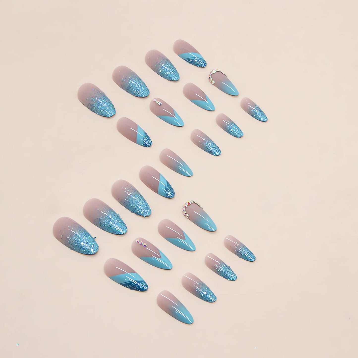 IMSOHOT Almond Press on Nails French Medium Blue Fake Nails Glitter Gradient False Nails with Designs Rhinestone Full Cover Acrylic Glossy Glue on Nails for Women