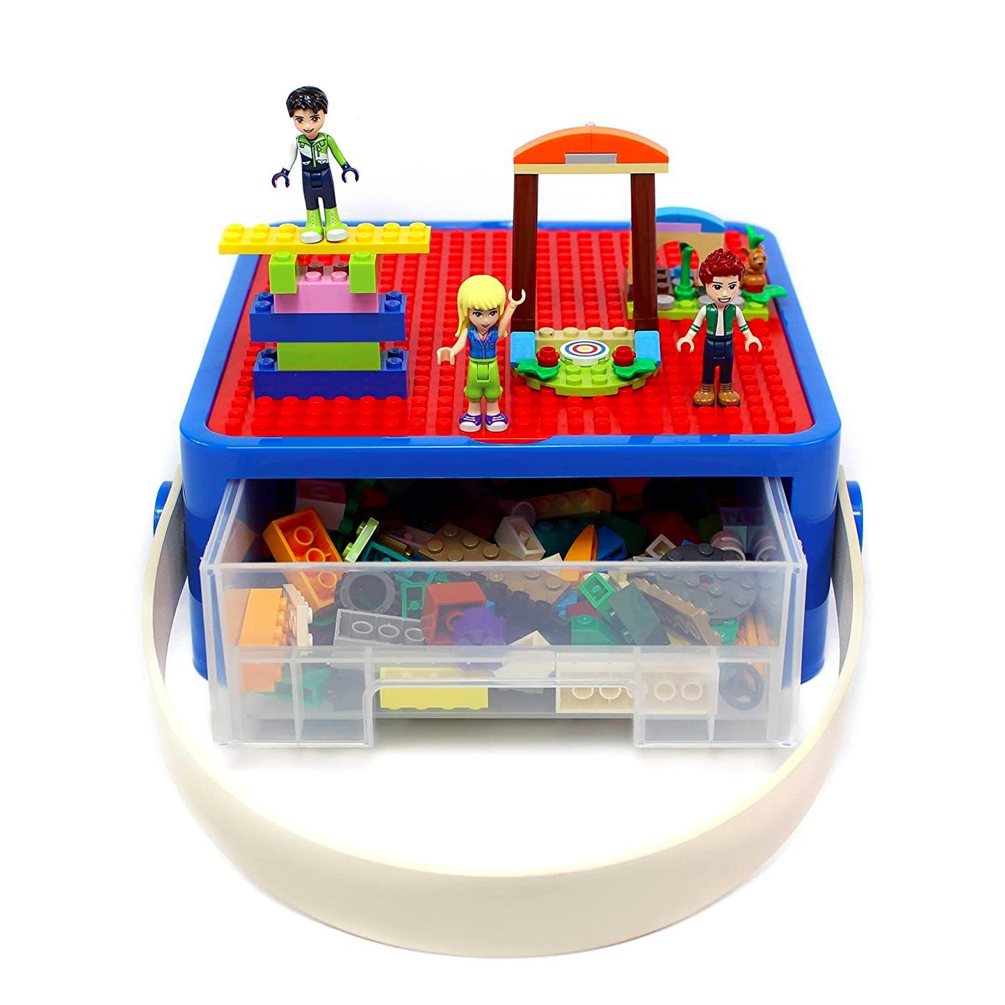 Bins & Things Bin Box Organizer for Small Toys - Travel Toy Set Carry Case with Built-in Lid - Sturdy Storage for Mini Blocks - Portable Toy Storage - Blue and Red