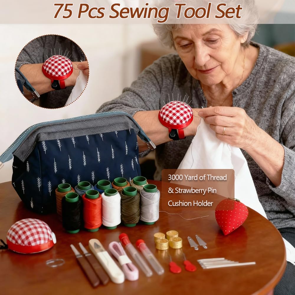75 PCS Sewing Tool Set, Big Eye Steel Sewing Needles Kit with 10 Rolls Jeans Thread & Strawberry Pin Cushion Holder, Denim Needles Hand Repair Kit for Beginners, Portable DIY Travel Working