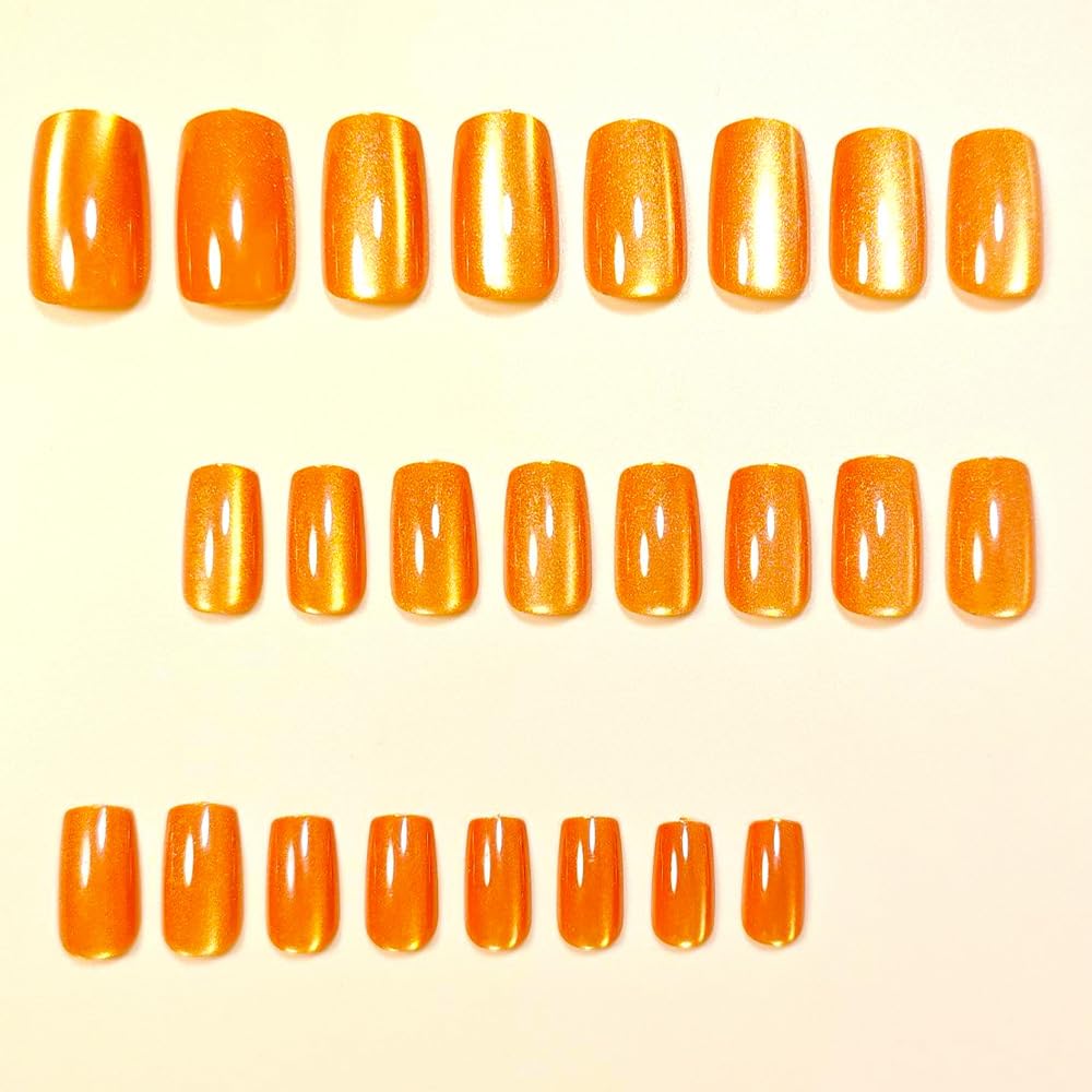 Square Press on Nails Medium Glitter Gold Fake Nails Cat Eye Fall Full Cover Stick on Acrylic False Nails for Women 24 Pcs