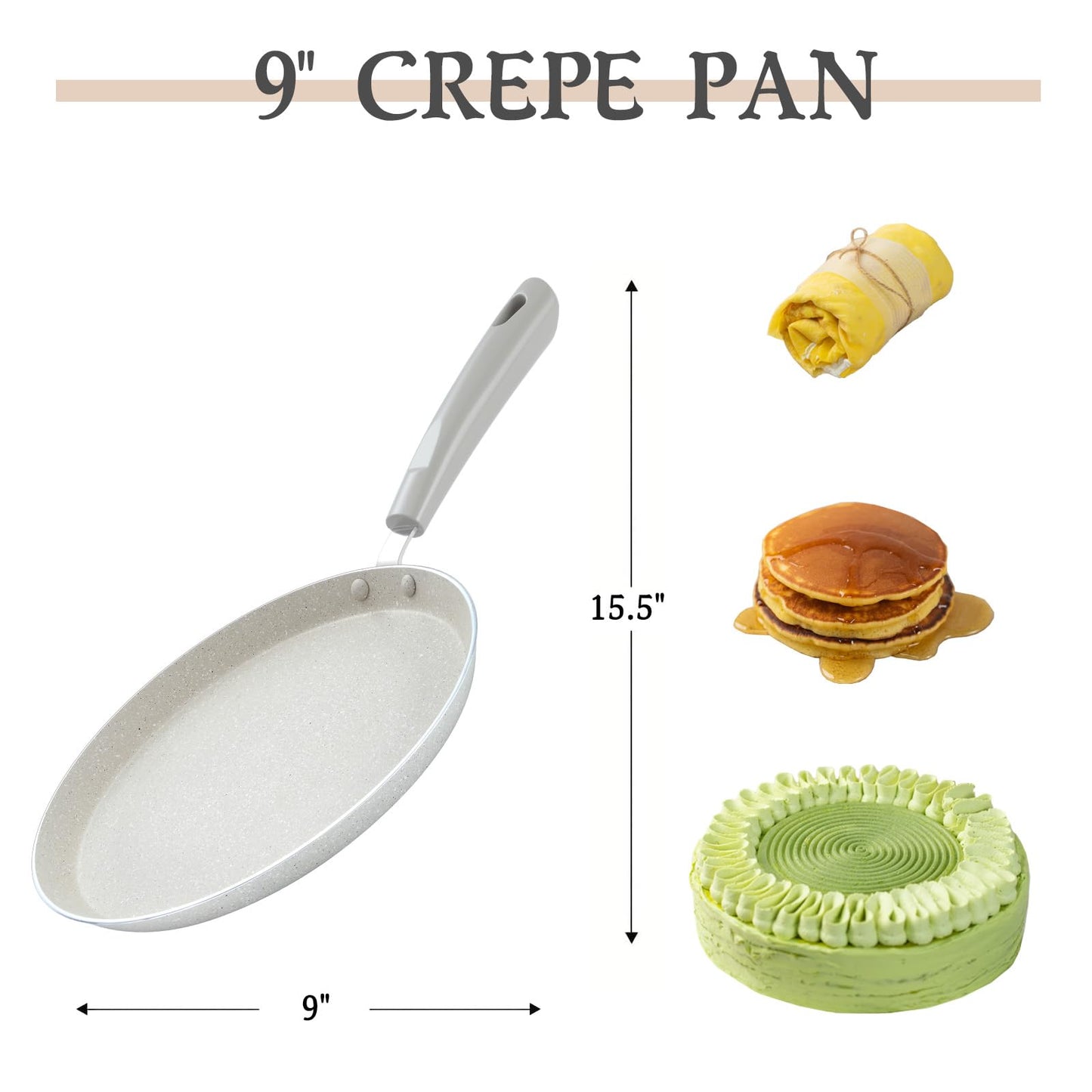 FORBAKE 9 Inch Crepe Pans with Spreader & Spatula, Nonstick Granite Coating Dosa Pan, Aluminum Alloy Pancake Flat Skillet Tawa Griddle, with Stay-Cool Handle, Induction Compatible Bottom