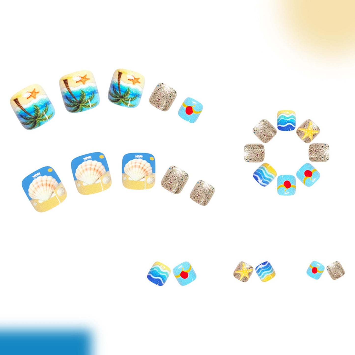 24Pcs Summer Press on Toenails,Short Square Fake Toenails with Coconut Trees Shells Glitter Designs Starfish Wave Beach Toe Nail Press Ons Acrylic Glossy Stick on Toe Nails for Women Girls
