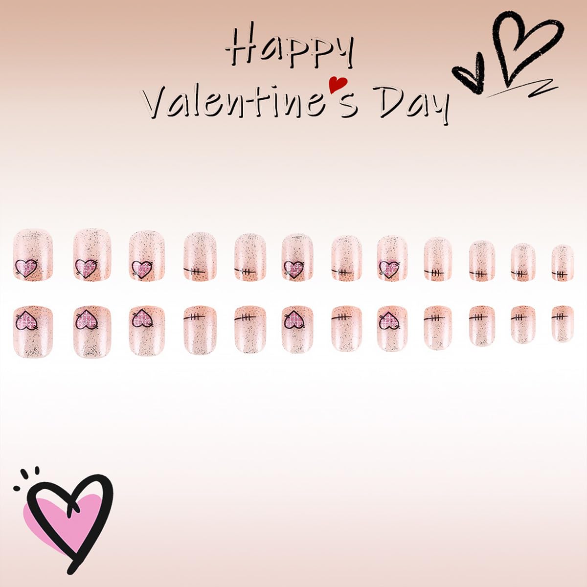 24Pcs Valentine's Press on Nails Short Square French Tip Fake Nails with Pink Heart Design Silver Glitter Artificial Nails Nude Full Cover Glue on Nails Valentines False Nails for Women DIY Nails