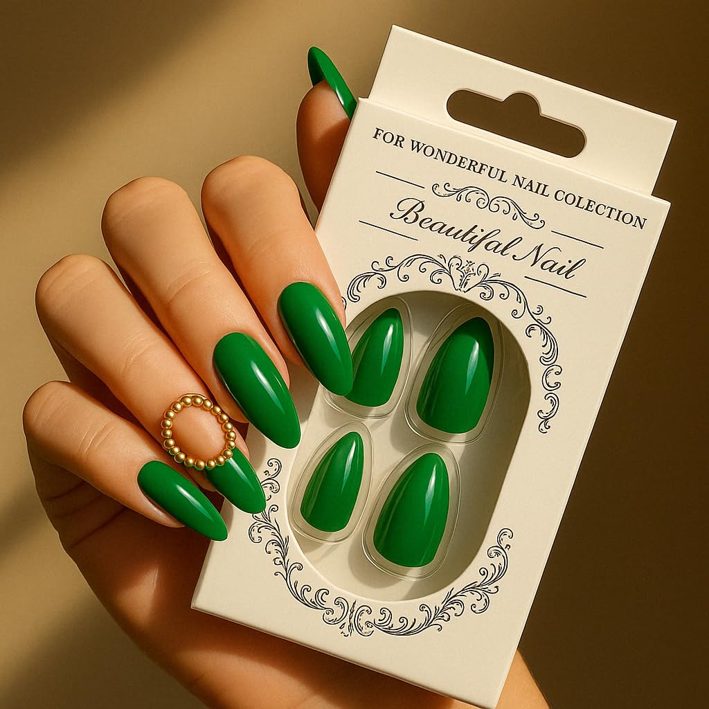 Glossy Green Press On Nails – Almond Shape, Medium Length, 24 PCS Fake Nails with Nail File & Glue Tabs, Reusable ABS Material