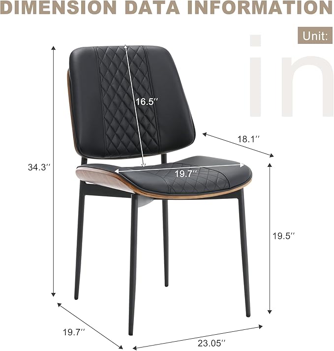 BV Dining Chairs Set of 2, PU Leather Armless Kitchen Chair in Modern Walnut Style, Mid Century Bentwood Side Chair with Metal Legs, Retro Accent Guest Chair for Kitchen Dining Room(Black)